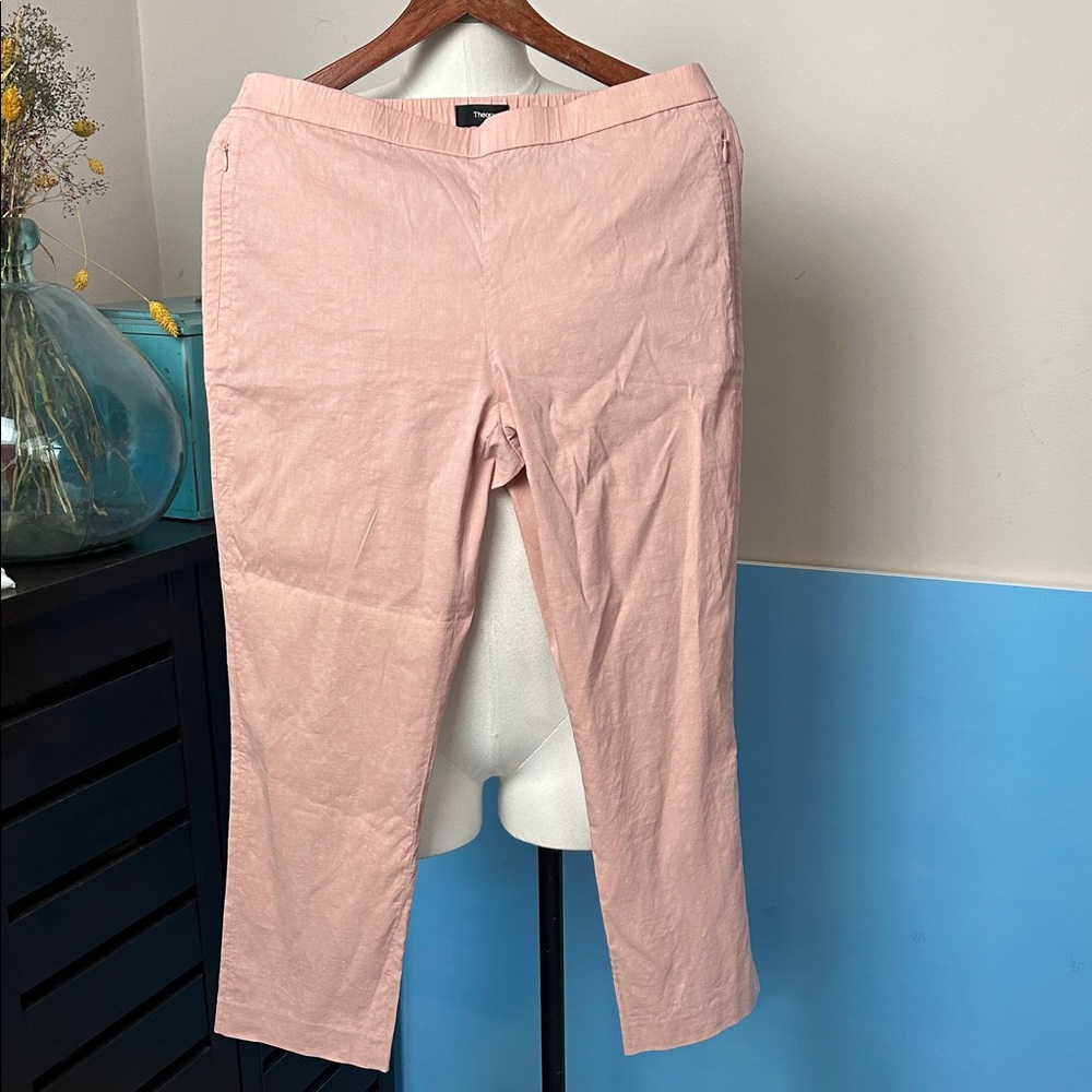 Theory rose pink Organic Crunch Linen Basic Pull-On Pants size 8 zipper pockets